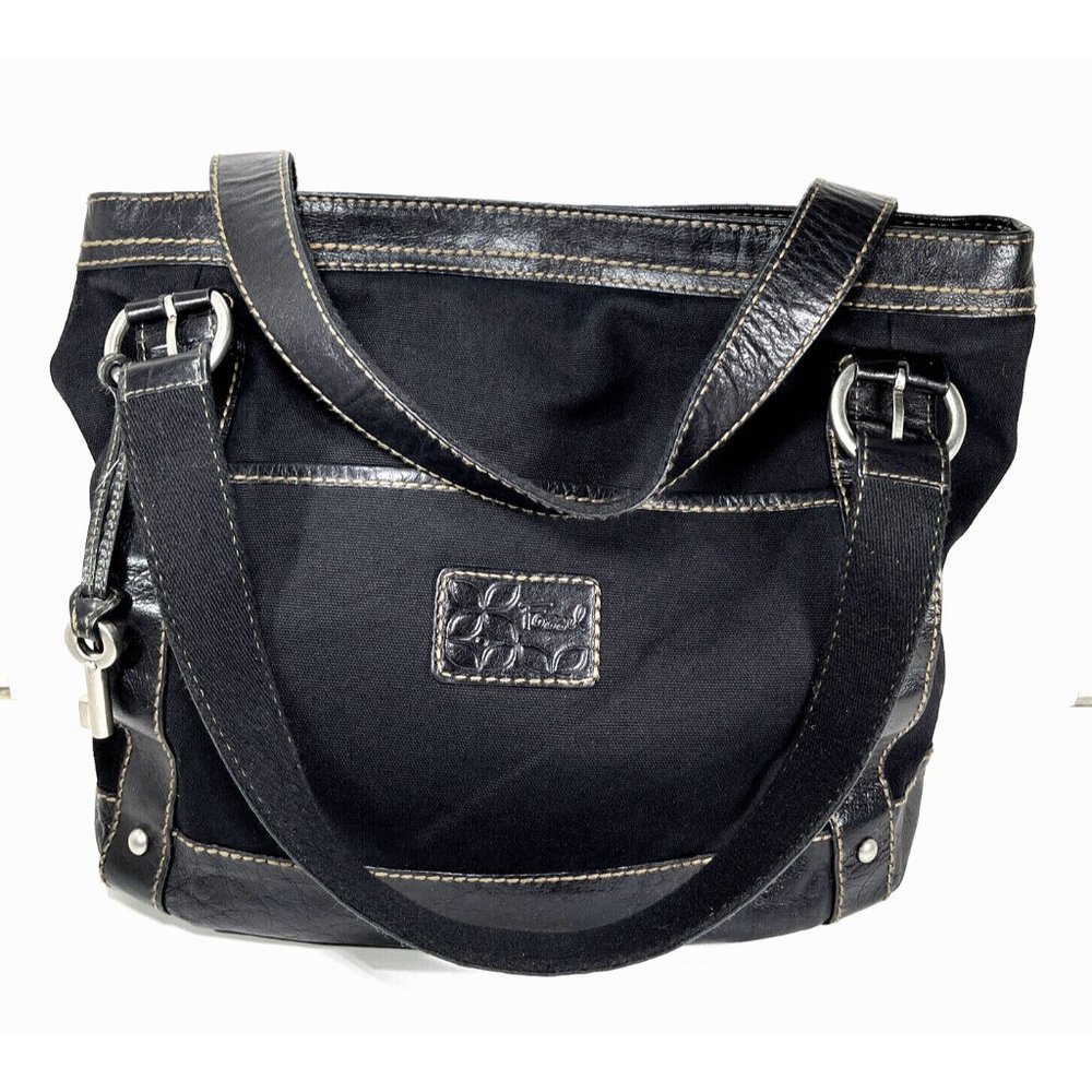 Fossil Large Black Canvas Black Leather Trim Shoulder Bag